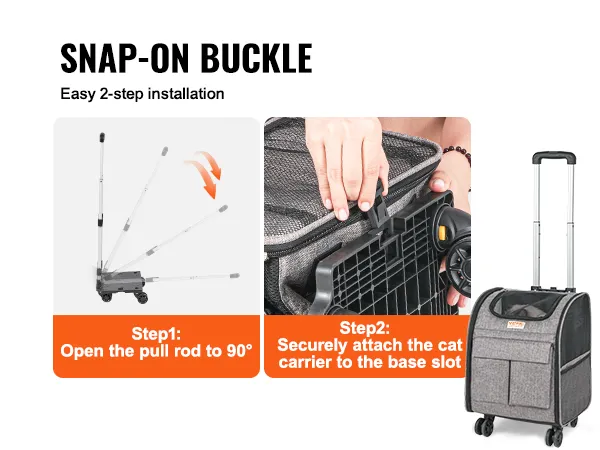 VEVOR rolling pet carrier backpack with easy snap-on buckle installation and detailed 2-step guide.