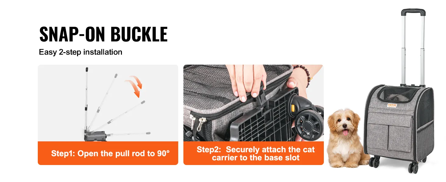 VEVOR rolling pet carrier backpack with easy snap-on buckle installation and detailed 2-step guide.