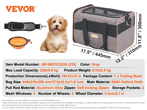 Transportín para gatos VEVOR con ruedas, gris, tela oxford 600d, cremallera autoblocante, cuenco plegable, ventanas de malla.