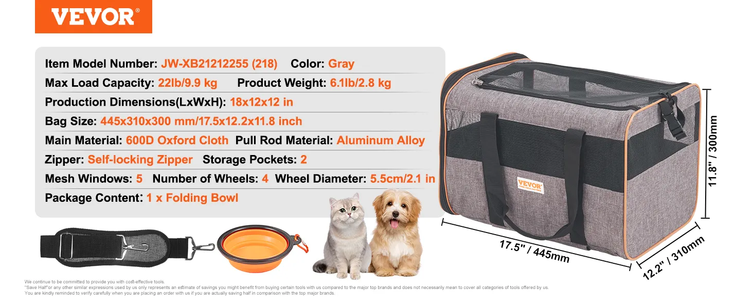 Transportín para gatos VEVOR con ruedas, gris, tela oxford 600d, cremallera autoblocante, cuenco plegable, ventanas de malla.