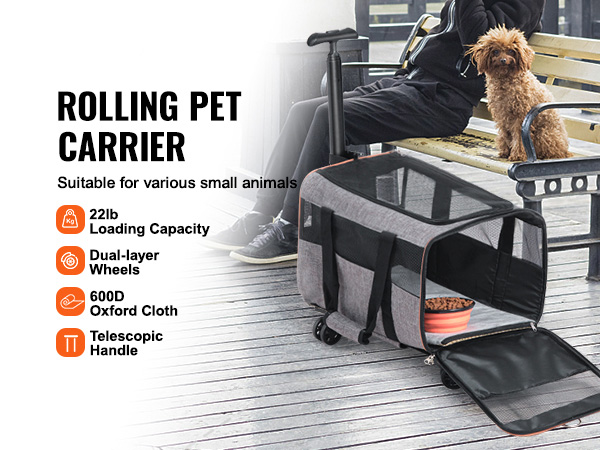 VEVOR Cat Carrier with Wheels, Airline Approved Rolling Pet
