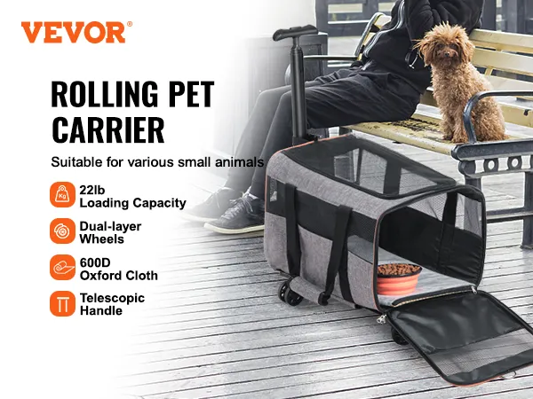 El transportador para gatos VEVOR con ruedas es ideal para animales pequeños, con capacidad de 22 lb y tela Oxford 600d.