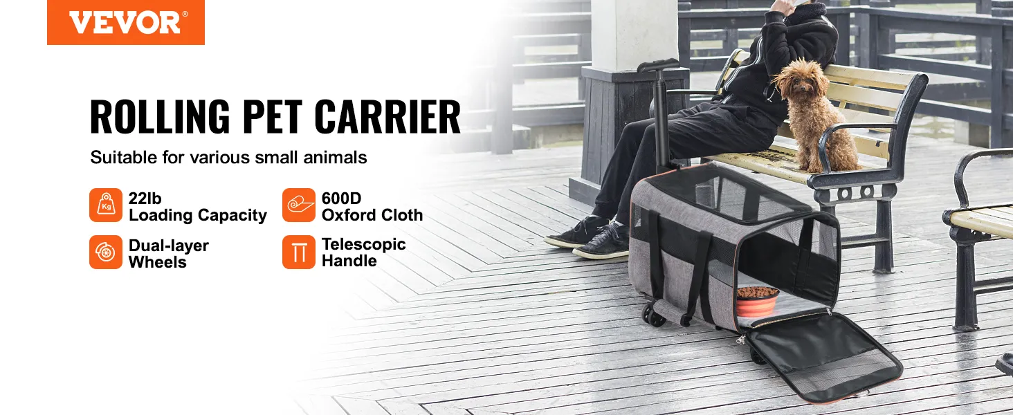 El transportador para gatos VEVOR con ruedas es ideal para animales pequeños, con capacidad de 22 lb y tela Oxford 600d.