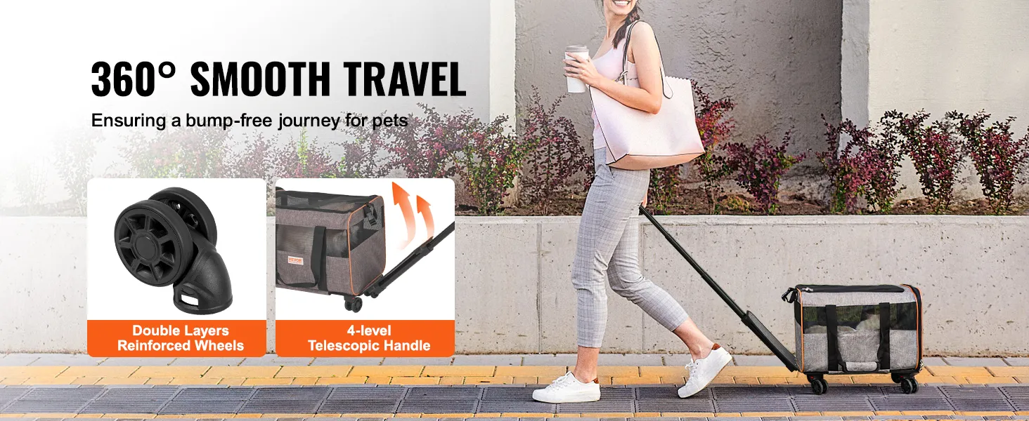 Mujer tirando de transportador para gatos VEVOR con ruedas; ruedas reforzadas de doble capa, mango telescópico de 4 niveles.