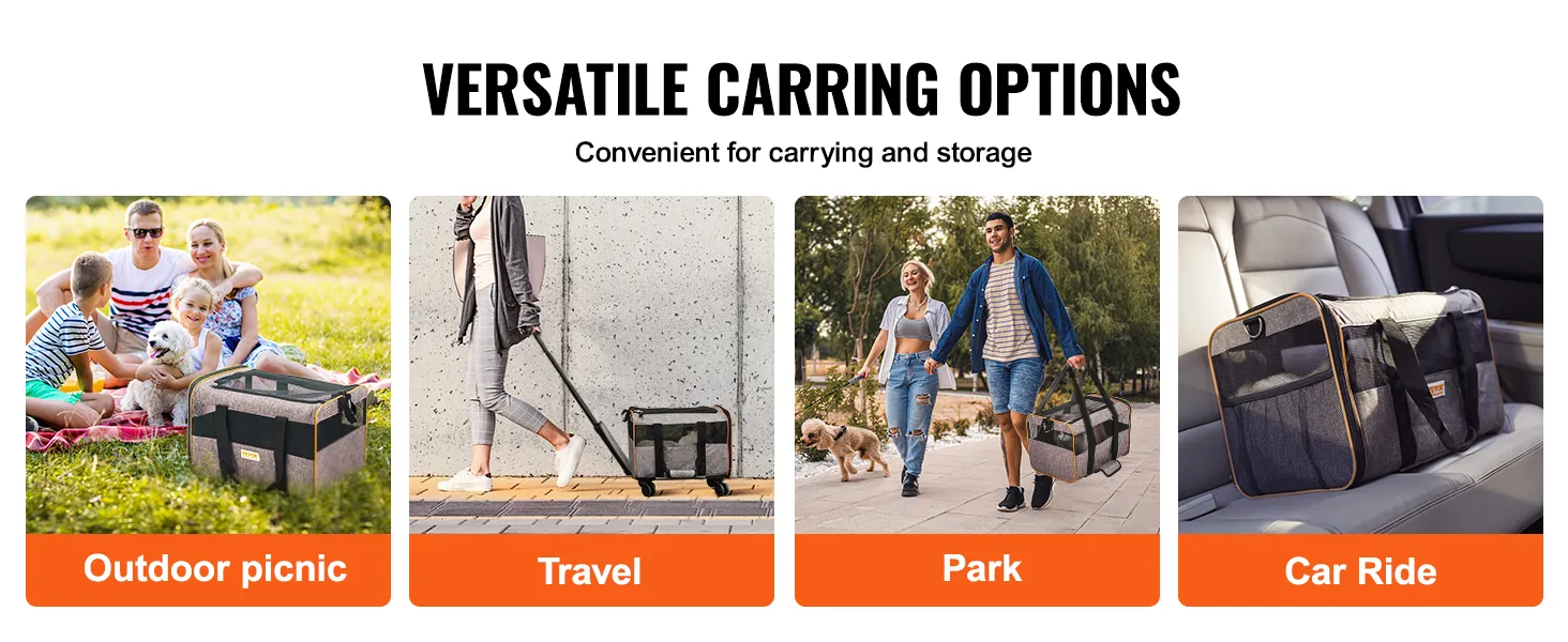 Transportín para gatos VEVOR con ruedas: versátil para picnics al aire libre, viajes, visitas al parque y paseos en coche.