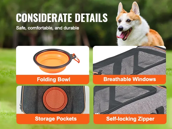 Transportín para gatos VEVOR con ruedas que incluye recipiente plegable, ventanas transpirables, bolsillos de almacenamiento y cremallera autoblocante.