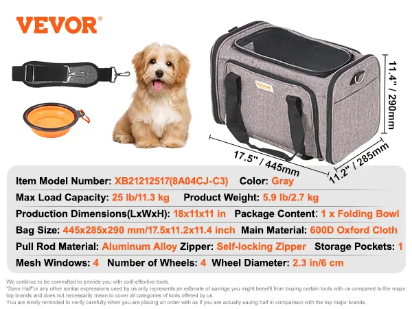 VEVOR cat carrier with wheels, gray, 600d oxford cloth, self-locking zipper, mesh windows, folding bowl.