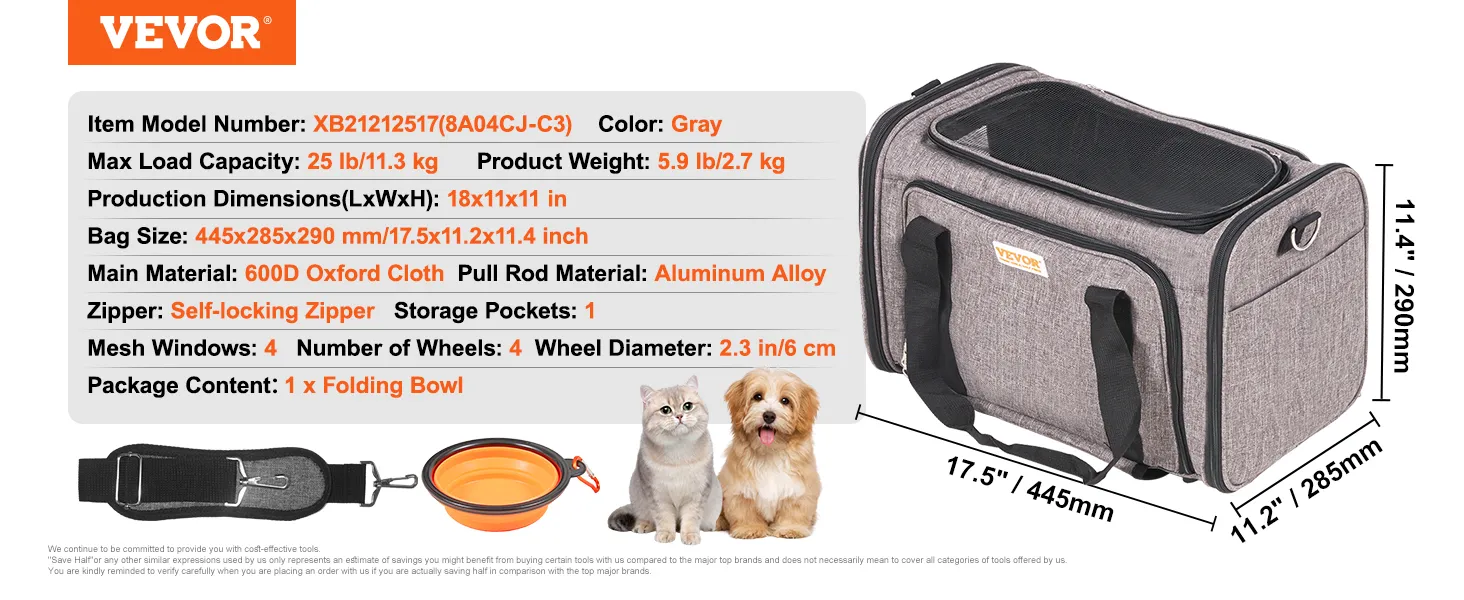 VEVOR cat carrier with wheels, gray, 600d oxford cloth, self-locking zipper, mesh windows, folding bowl.