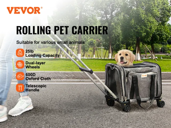 VEVOR cat carrier with wheels, features dual-layer wheels, telescopic handle, and 25lb capacity.