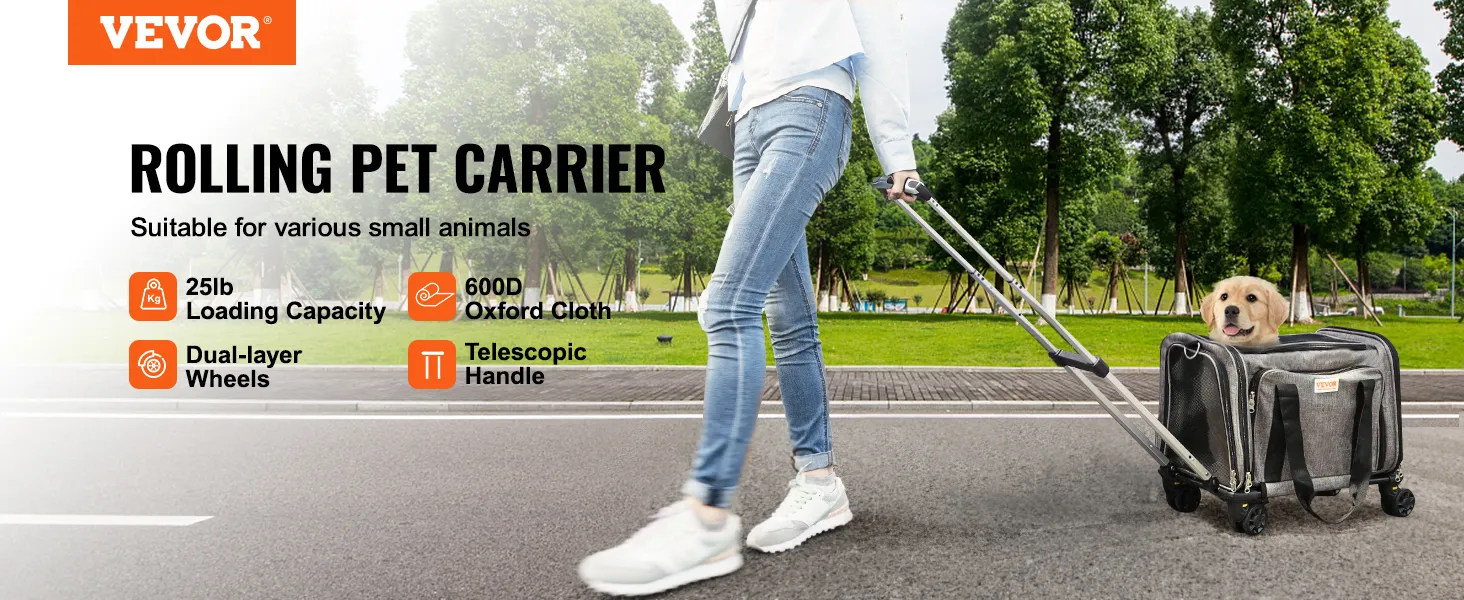 VEVOR cat carrier with wheels, features dual-layer wheels, telescopic handle, and 25lb capacity.