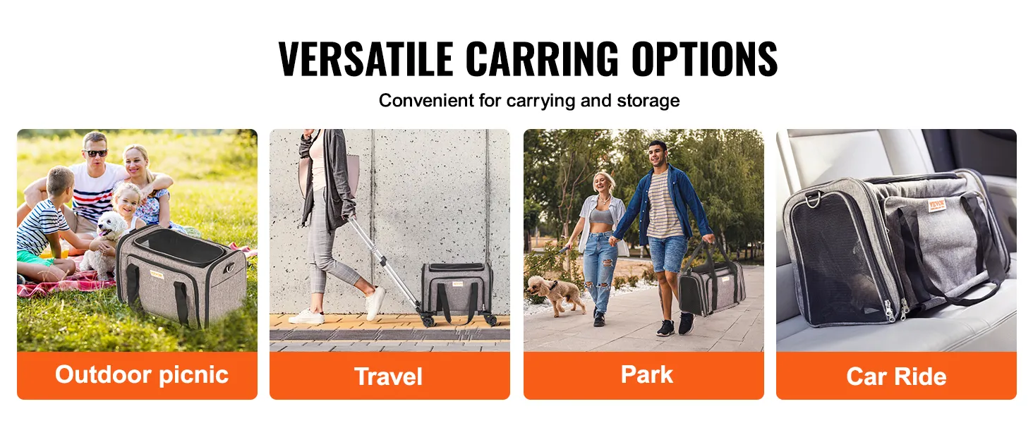 VEVOR cat carrier with wheels for travel, outdoor picnic, park, car ride. convenient carrying options.