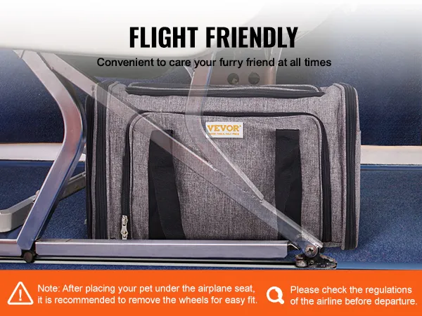 VEVOR cat carrier with wheels under airplane seat, flight-friendly, convenient for pet travel.