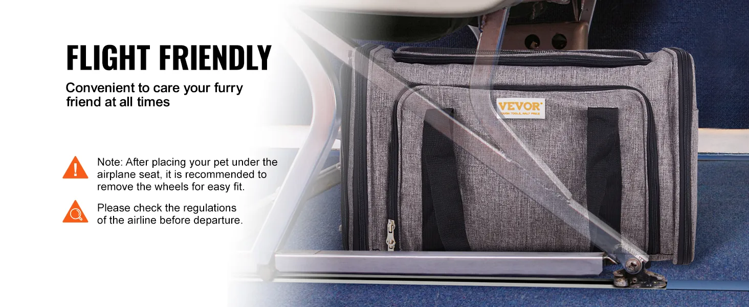 VEVOR cat carrier with wheels under airplane seat, flight-friendly, convenient for pet travel.