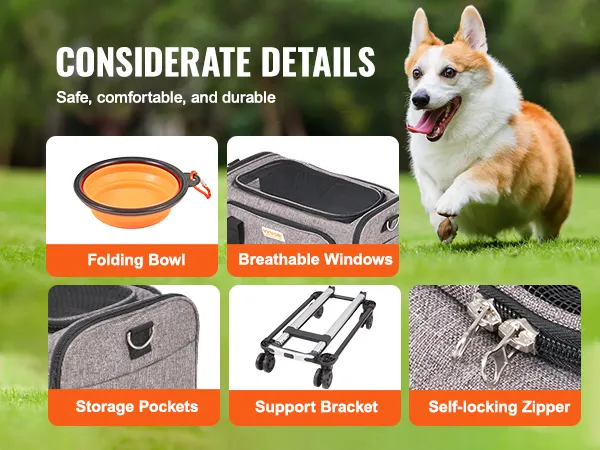 features of the VEVOR cat carrier with wheels: folding bowl, breathable windows, storage pockets.