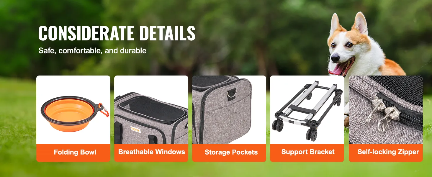 features of the VEVOR cat carrier with wheels: folding bowl, breathable windows, storage pockets.