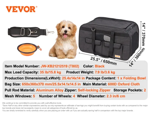 VEVOR Katzentransportbox mit Rädern, schwarz, 35 lb Tragkraft, 650 x 360 x 370 mm, Zugstange aus Aluminiumlegierung, 5 Netzfenster.