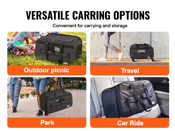 Vielseitige Transportmöglichkeiten für die VEVOR Katzentrage mit Rädern: Picknick im Freien, Reisen, Park, Autofahrt.