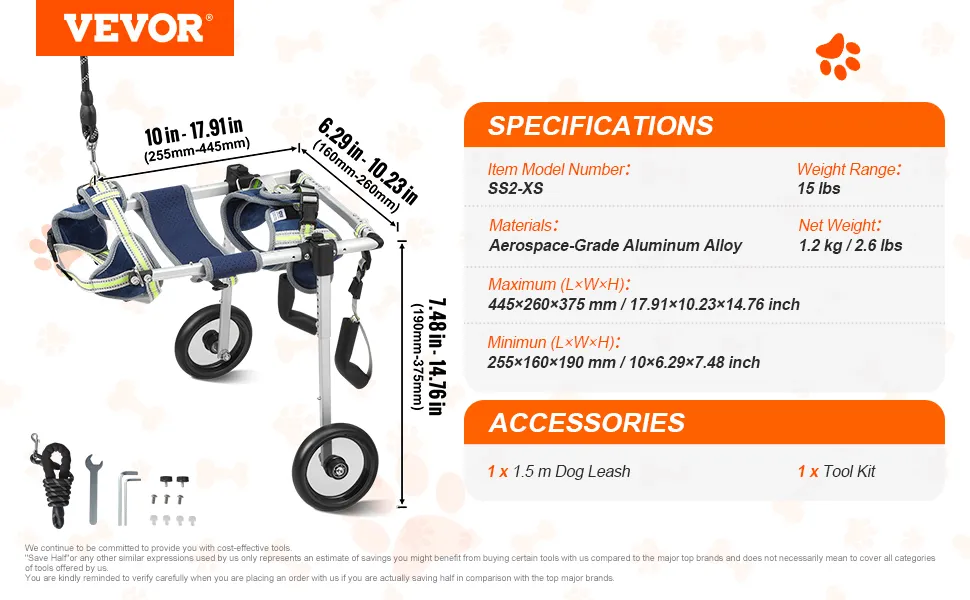 VEVOR dog wheelchair specifications with adjustable sizes, aluminum alloy material, and included accessories.