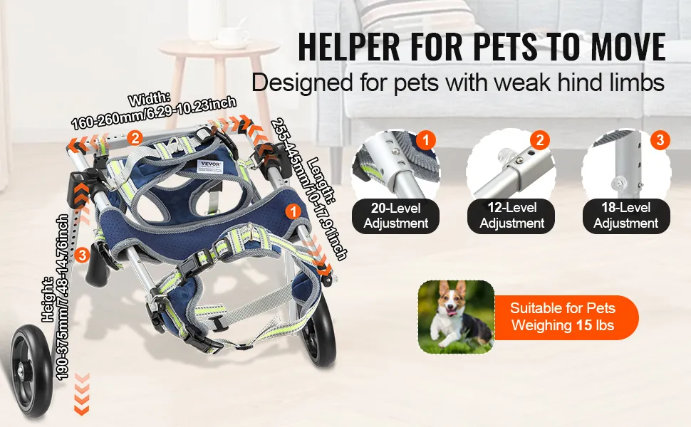 VEVOR dog wheelchair for pets with weak hind limbs, adjustable for weight and size, suitable for 15 lbs.