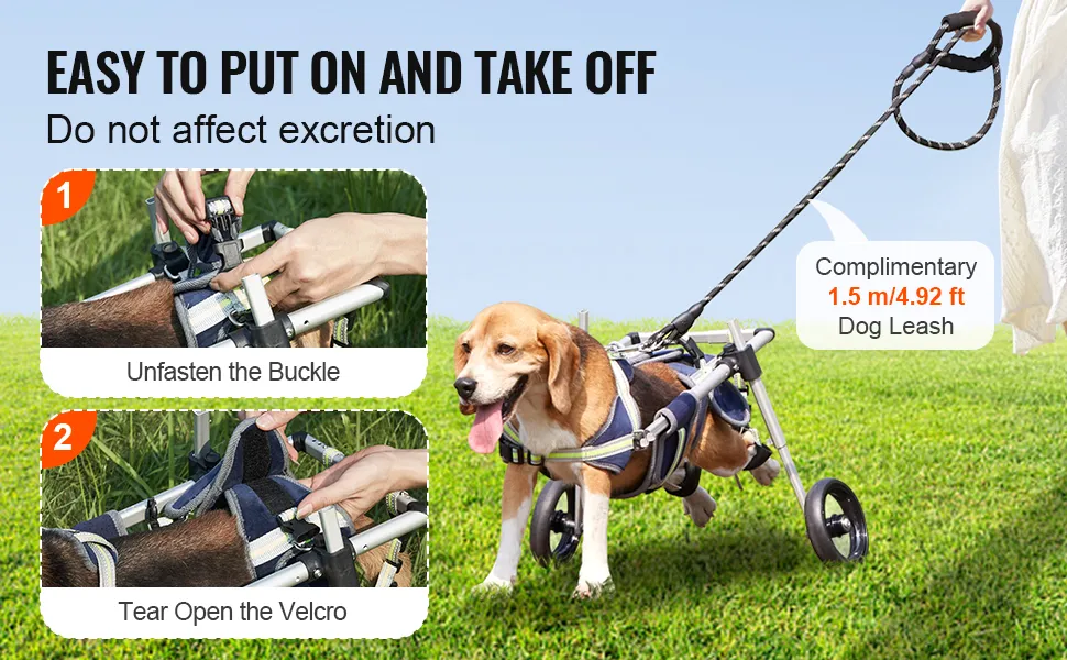 VEVOR dog wheelchair with easy buckle and velcro adjustments, dog happily walking on leash in grass.