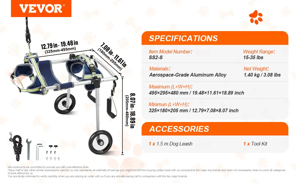 VEVOR dog wheelchair specifications and accessories, including sizes, weight range, and materials.