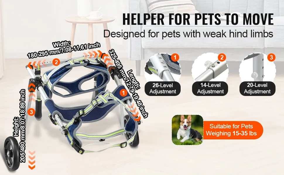 VEVOR dog wheelchair for pets with weak hind limbs, adjustable width, height, and length for 15-35 lbs dogs.