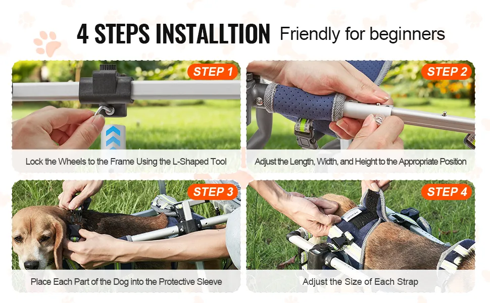 4 steps to install VEVOR dog wheelchair: locking wheels, adjusting size, securing dog, and fitting straps.