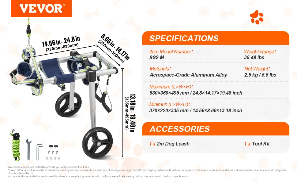 VEVOR dog wheelchair dimensions, specs, and accessories in colorful infographic.