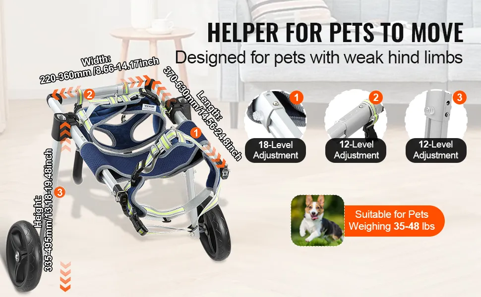 VEVOR dog wheelchair dimensions and adjustments, suitable for pets weighing 35-48 lbs.