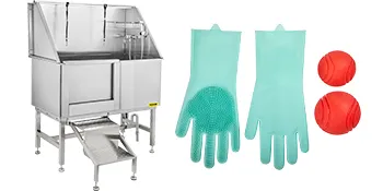 Wanna do pielęgnacji psów VEVOR, zielone rękawiczki i dwie czerwone piłki na białym tle.