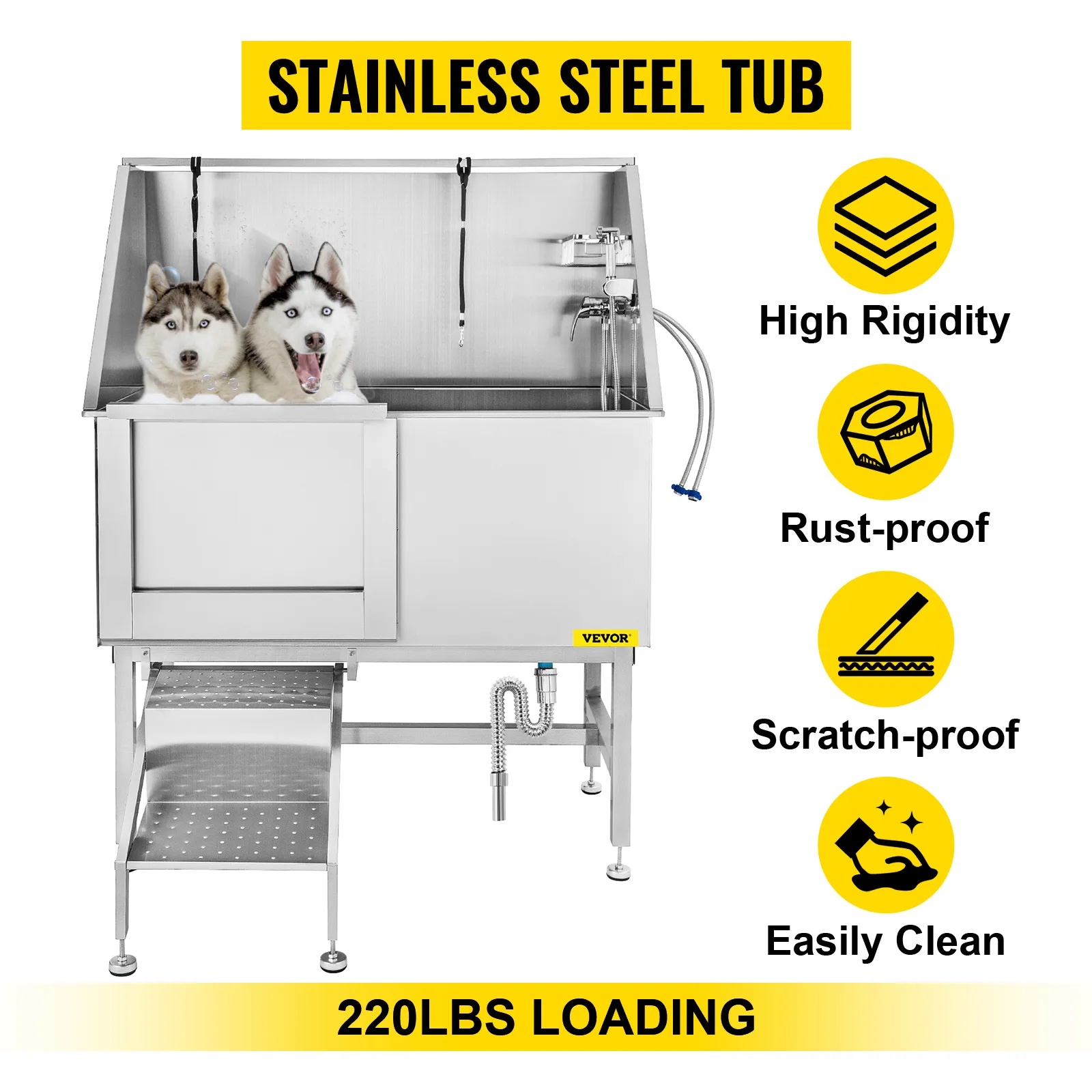 Wanna do pielęgnacji psów VEVOR, stal nierdzewna, wysoka sztywność, odporność na rdzę, zarysowania, udźwig 220 funtów.
