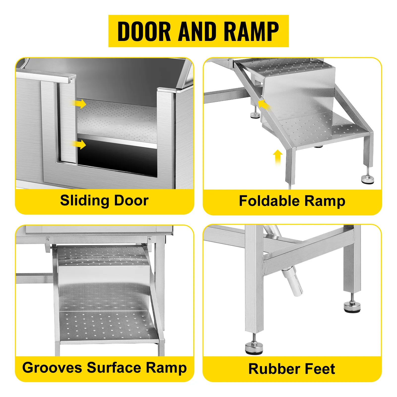 drzwi przesuwne, składana rampa, rowkowana powierzchnia rampy i gumowe nóżki w wannie do pielęgnacji psów VEVOR.
