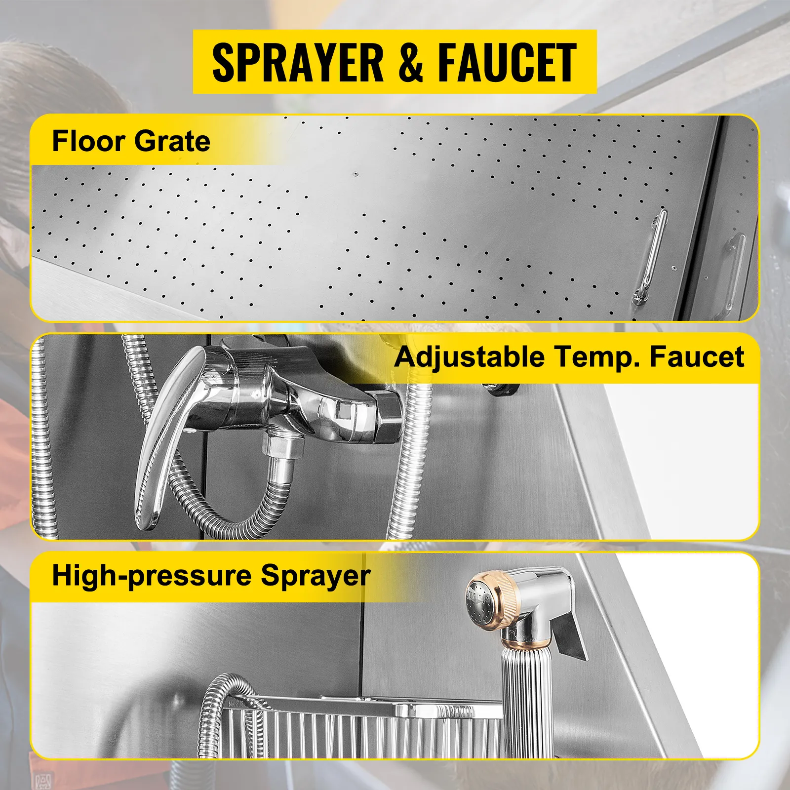 Wanna do pielęgnacji psów VEVOR z regulowanym kranem o odpowiedniej temperaturze, kratką podłogową i spryskiwaczem wysokociśnieniowym