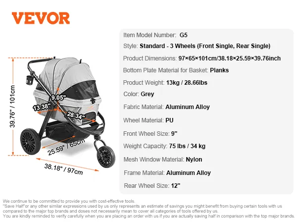 VEVOR pet stroller g5 with 3 wheels, grey, aluminum alloy frame, 97x65x101cm, includes sleeping pad.