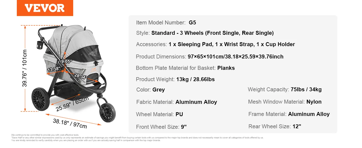VEVOR pet stroller g5 with 3 wheels, grey, aluminum alloy frame, 97x65x101cm, includes sleeping pad.