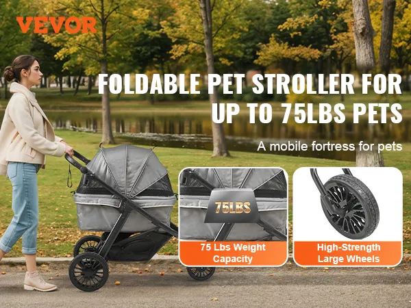 VEVOR pet stroller being pushed along a park path. rust-resistant frame, high-strength wheels, 75 lbs capacity.