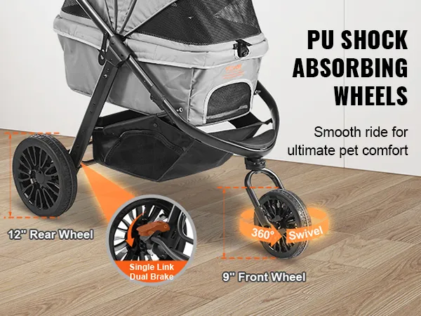 VEVOR pet stroller featuring pu shock-absorbing wheels, large storage basket, and single link dual brake.