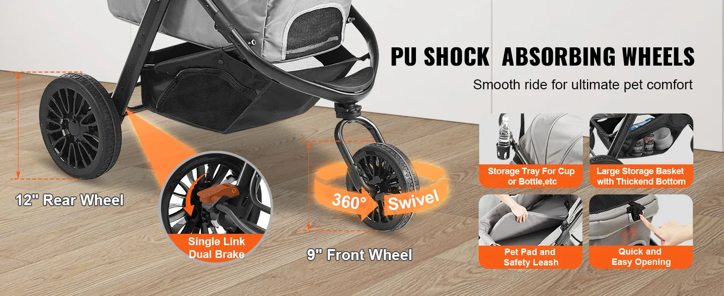 VEVOR pet stroller featuring pu shock-absorbing wheels, large storage basket, and single link dual brake.