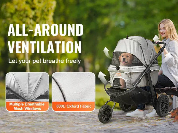 VEVOR pet stroller features breathable mesh windows, 800d oxford fabric, and quick opening in a scenic park.