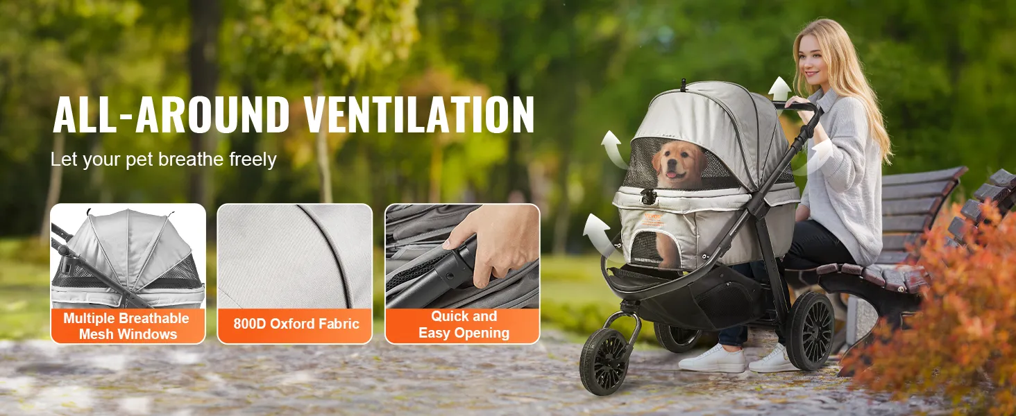 VEVOR pet stroller features breathable mesh windows, 800d oxford fabric, and quick opening in a scenic park.