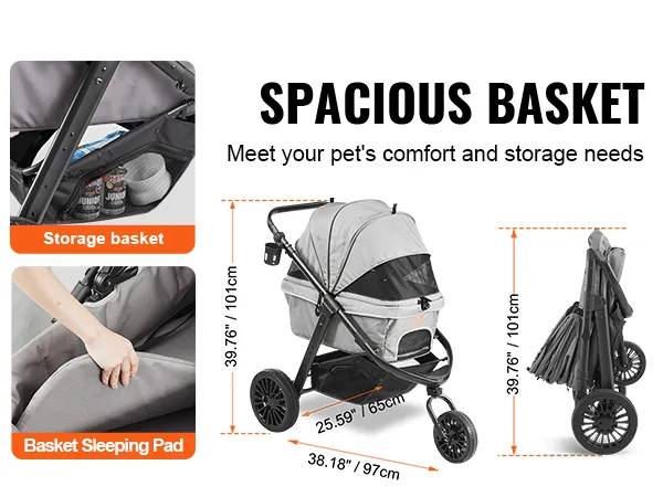 VEVOR pet stroller with spacious storage basket, sleeping pad, and foldable design for easy transport.