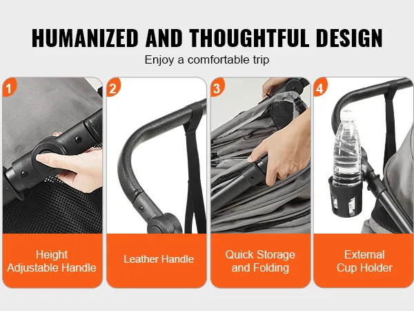 VEVOR pet stroller features adjustable handle, leather grip, quick storage, and external cup holder.