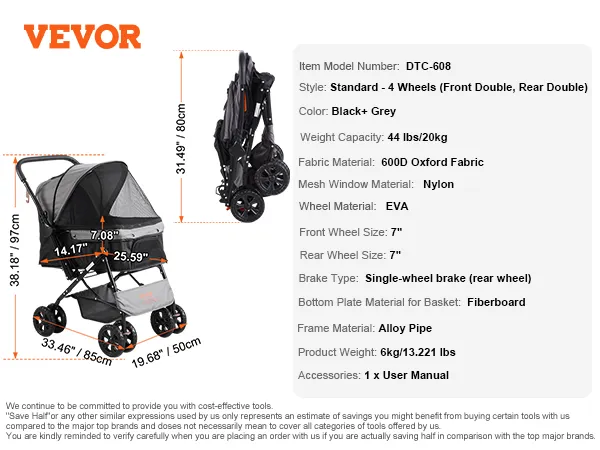 VEVOR-Kinderwagen für Haustiere, Schwarz und Grau, 4 Räder, faltbares Design, Abmessungen, Gewichtskapazität 20 kg.