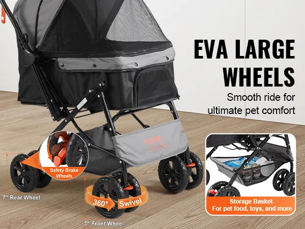 VEVOR-Kinderwagen für Haustiere mit großen EVA-Rädern, Sicherheitsbremse, 360°-Drehung, Sicherheitsgurt für Haustiere und Aufbewahrungskorb.