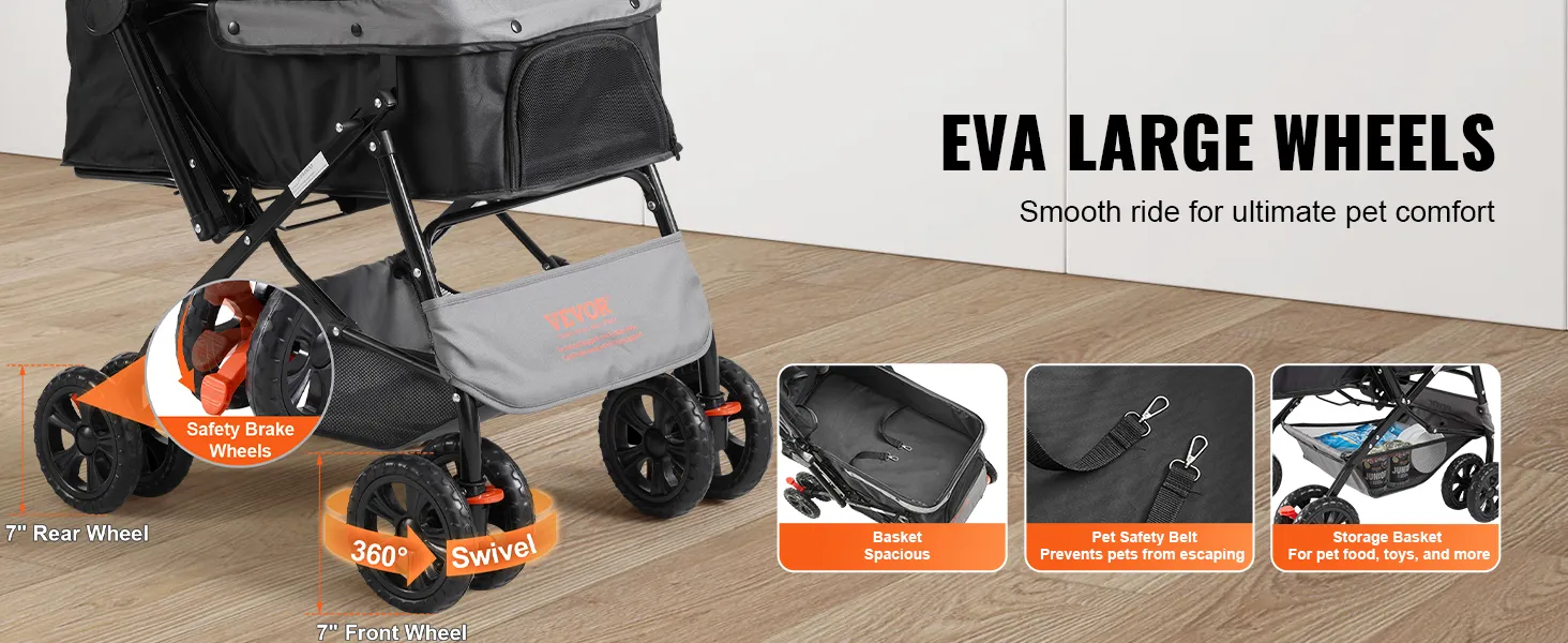 VEVOR-Kinderwagen für Haustiere mit großen EVA-Rädern, Sicherheitsbremse, 360°-Drehung, Sicherheitsgurt für Haustiere und Aufbewahrungskorb.