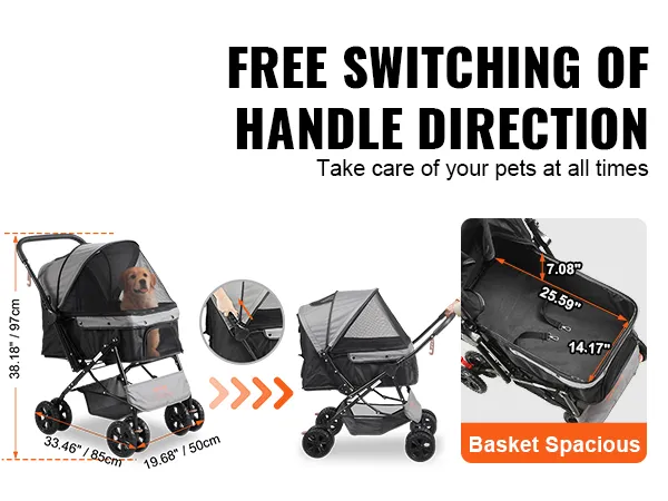 VEVOR-Kinderwagen für Haustiere mit umkehrbarem Griff, geräumigem Korb, Platz für Hunde darin, Abmessungen und schwarzem Design.