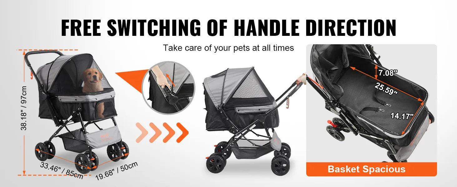 VEVOR-Kinderwagen für Haustiere mit umkehrbarem Griff, geräumigem Korb, Platz für Hunde darin, Abmessungen und schwarzem Design.