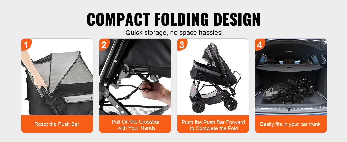 VEVOR-Kinderwagen für Haustiere, kompaktes Faltdesign für einfache Lagerung, passt in den Kofferraum von Autos, Schritt-für-Schritt-Anleitung.