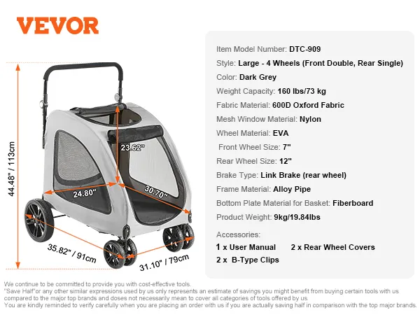 VEVOR pet stroller, dark grey, large size, 4 wheels, 600d oxford fabric, eva wheels, max weight 160 lbs.