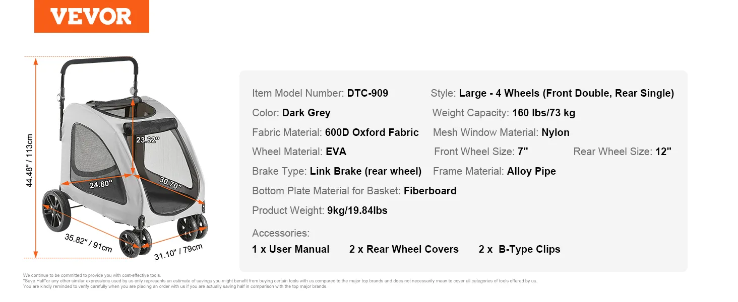 VEVOR pet stroller, dark grey, large size, 4 wheels, 600d oxford fabric, eva wheels, max weight 160 lbs.